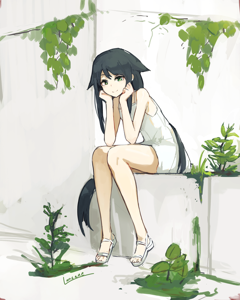 1girl artist_name bangs bare_arms bare_legs black_hair clenched_hands closed_mouth dress green_eyes hair_flaps hands_on_own_cheeks hands_on_own_face lansane long_hair plant sandals saya saya_no_uta shoes sitting smile solo very_long_hair white_dress white_shoes