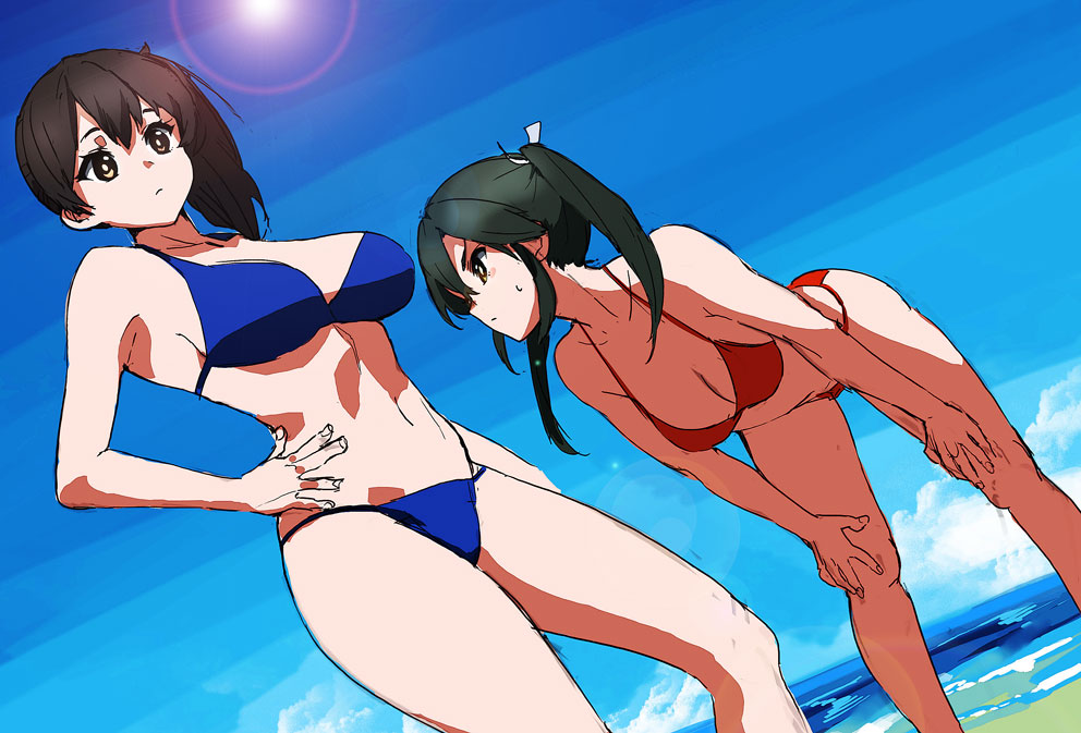 2girls arm arm_at_side armpits bare_arms bare_legs bare_shoulders beach bent_over bikini black_hair blue_bikini blue_swimsuit breast_envy breasts brown_eyes brown_hair cleavage closed_mouth collarbone dutch_angle female from_below hair_between_eyes hand_on_hip hands_on_own_knees kaga_(kantai_collection) kantai_collection large_breasts leaning leaning_forward legs lens_flare long_hair looking_at_another looking_at_breasts looking_at_viewer medium_breasts midriff multiple_girls navel neck outdoors red_bikini red_swimsuit ruuto_(sorufu) side_ponytail sketch standing sun sweatdrop swimsuit twintails yellow_eyes zuikaku_(kantai_collection)