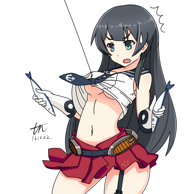 1girl agano_(kantai_collection) asymmetrical_legwear belt black_hair breasts fish fishing_hook fishing_line garter_straps gloves green_eyes kantai_collection large_breasts long_hair midriff navel necktie open_mouth pleated_skirt school_uniform serafuku single_thighhigh skirt sleeveless solo sweatdrop thigh-highs tun under_boob white_gloves