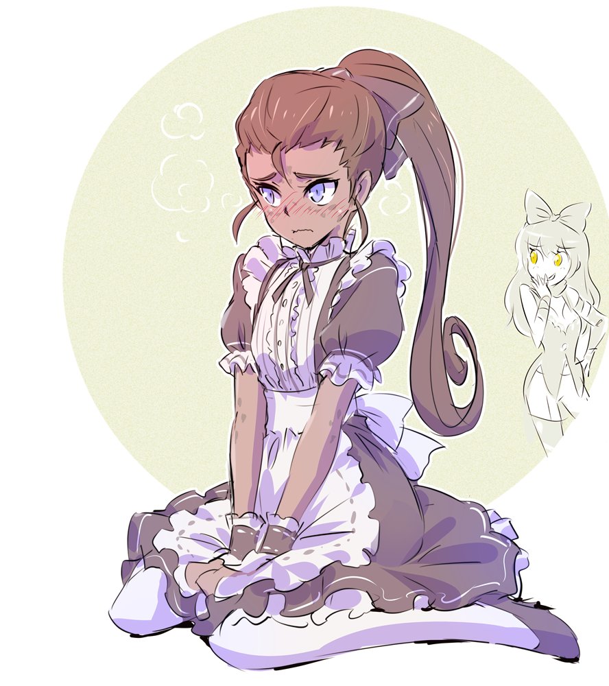 2girls apron blake_belladonna blue_eyes blush bow brown_hair commentary_request dress embarrassed frilled_dress frills giggling hair_bow iesupa ilia_amitola kneeling maid maid_apron multiple_girls navel ponytail rwby spots tan white_legwear wristband yellow_eyes