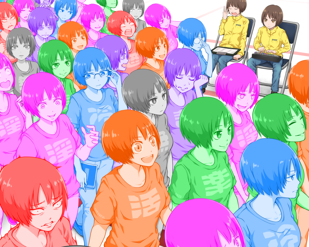 6+girls angry blue bob_cut brown_hair chair clipboard clothes_writing colorful commentary_request constricted_pupils crowd crying expressionless expressions glasses green happy looking_at_viewer multiple_girls multiple_persona original pink purple shirt simple_background sitting smile staring t-shirt tearing_up tears walking white_background yajirushi_(chanoma) yawning