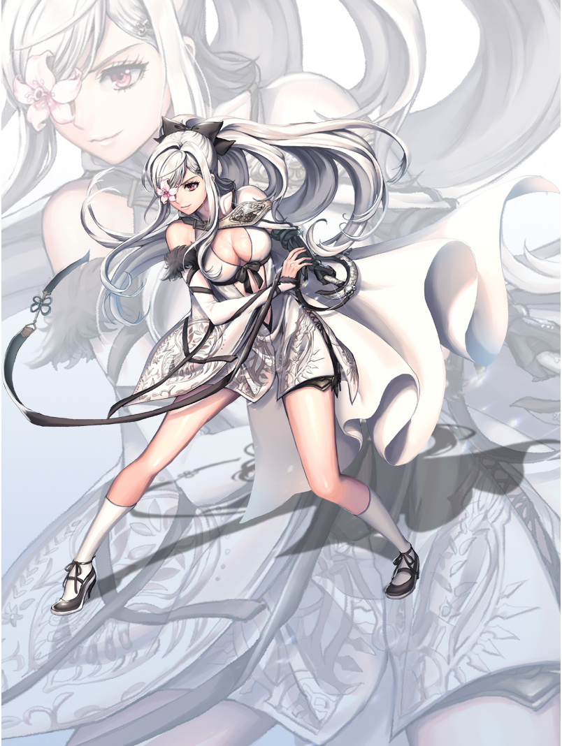 1girl arm_ribbon bangs bare_shoulders black_bow black_ribbon black_shoes bow breasts cape cleavage closed_mouth detached_sleeves drag-on_dragoon drag-on_dragoon_3 dress eyelashes flower full_body fur-trimmed_sleeves fur_trim gloves hair_bow hair_over_one_eye hair_ribbon hc_(razel1) high_heels holding holding_sword holding_weapon kneehighs large_breasts legs_apart lily_(flower) long_hair navel pink_eyes print_dress ribbon sash shoes sidelocks smile solo sword weapon white_cape white_dress white_hair white_legwear zero_(drag-on_dragoon) zoom_layer