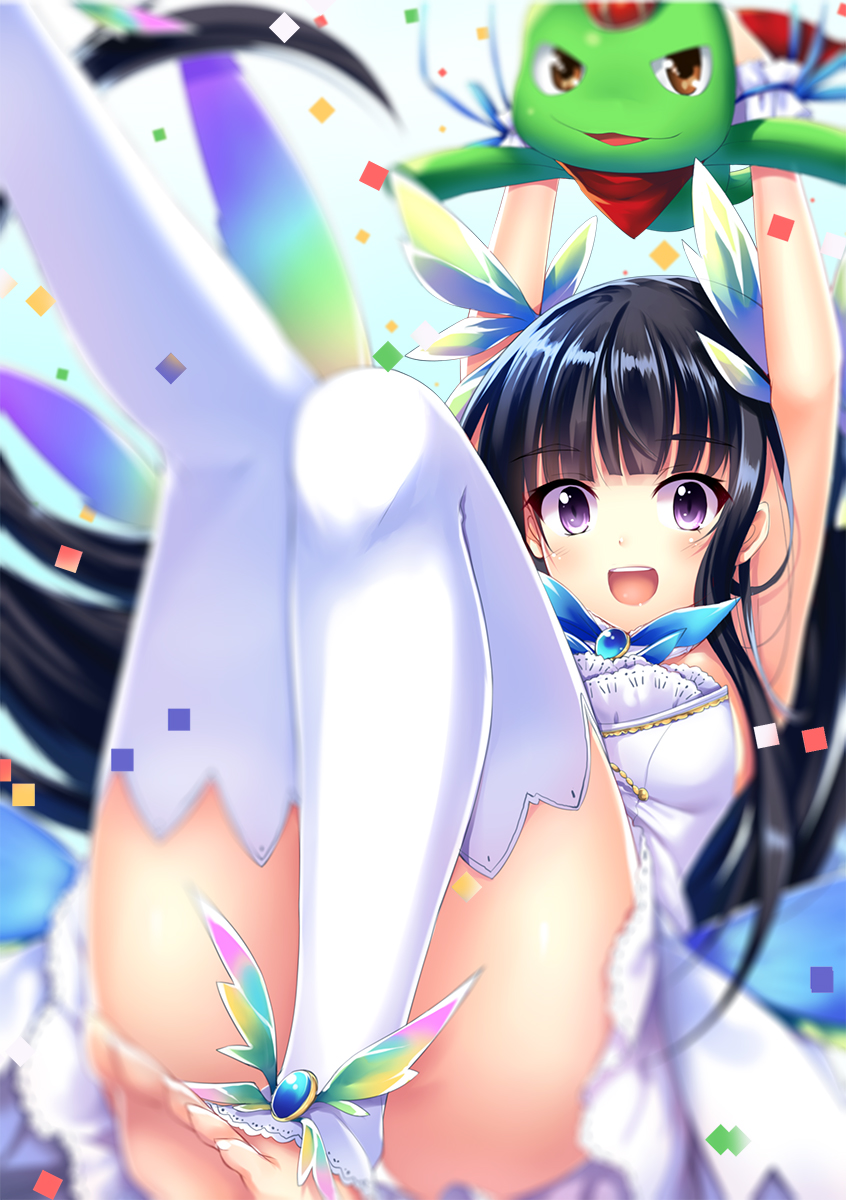 1girl :d aixioo arms_up barefoot black_hair blush breasts character_request dress eyebrows_visible_through_hair feet floating_hair frog hair_ornament highres long_hair looking_at_viewer medium_breasts no_shoes open_mouth shiny shiny_skin short_dress sideboob sleeveless sleeveless_dress smile solo thigh-highs toeless_legwear toes very_long_hair violet_eyes white_dress white_legwear wrist_cuffs