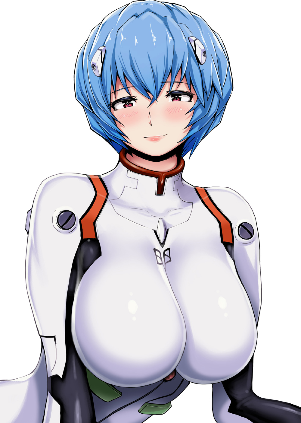 1girl ao_madou-shi ayanami_rei blue_hair bodysuit breasts highres large_breasts light_smile looking_at_viewer neon_genesis_evangelion plugsuit red_eyes short_hair simple_background solo white_background