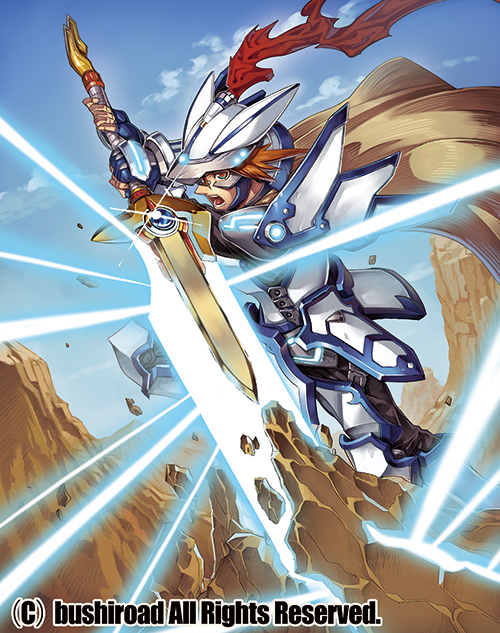 1boy armor armored_boots boots cape cardfight!!_vanguard company_name day fingerless_gloves gloves helmet ishibashi_yosuke male_focus official_art open_mouth orange_hair red_eyes rock sky solo sword sword_of_hope_richard teeth weapon