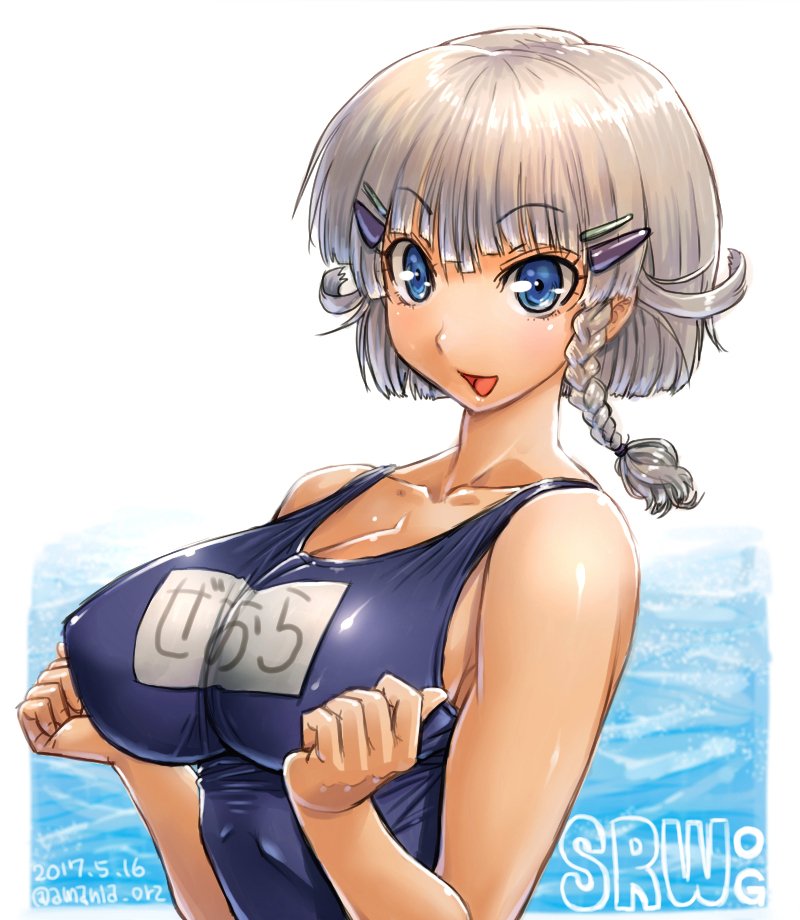 1girl 2017 amania_orz blue_eyes blush braid breasts cleavage collarbone dated erect_nipples hair_ornament hairclip large_breasts looking_at_viewer open_mouth school_swimsuit seolla_schweizer short_hair side_braid silver_hair smile solo super_robot_wars super_robot_wars_original_generation swimsuit twitter_username