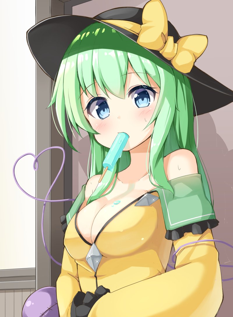 1girl bangs bare_shoulders black_hat blue_eyes blush bow breasts cleavage collarbone eyeball food food_in_mouth frilled_sleeves frills green_hair hat hat_bow heart heart_of_string komeiji_koishi long_hair long_sleeves looking_at_viewer medium_breasts mouth_hold off_shoulder ominaeshi_(takenoko) popsicle shirt sidelocks solo third_eye touhou upper_body yellow_bow yellow_shirt