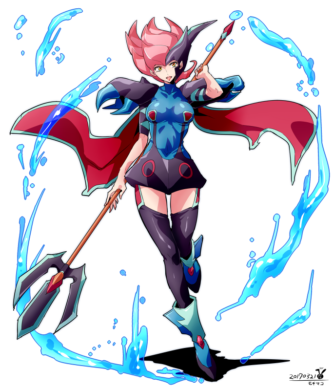 1girl arai_nobu breasts cape full_body medium_breasts open_mouth original pink_hair polearm solo thigh-highs trident water weapon yellow_eyes