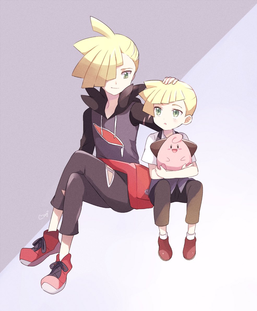 2boys black_pants blonde_hair capri_pants cleffa dual_persona gladio_(pokemon) green_eyes hair_over_one_eye hand_on_another's_head holding hood hoodie male_focus mei_(maysroom) multiple_boys pants pokemon pokemon_(anime) pokemon_(creature) pokemon_sm_(anime) shirt short_hair short_sleeves simple_background sitting torn_clothes torn_pants white_shirt younger