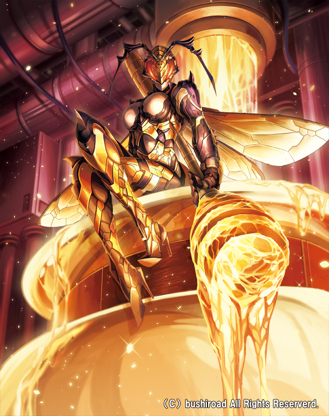 1girl antennae armor armored_boots boots cable cardfight!!_vanguard company_name gloves glowing glowing_eyes helmet high_heel_boots high_heels honey insect_wings ishida_baru machining_honeybee official_art red_eyes solo sparkle wings