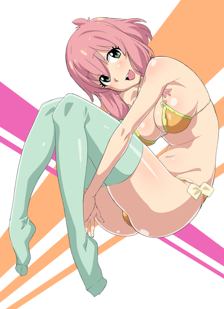 1girl bikini blue_legwear breasts chikuishi commentary_request full_body green_eyes groin large_breasts leg_hug narugino_mikatan no_shoes pink_hair punch_line short_hair sideboob simple_background solo swimsuit thigh-highs thighs