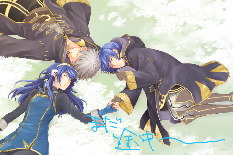 1boy 2girls blue_hair blush closed_eyes father_and_daughter fire_emblem fire_emblem:_kakusei hood iwatsuki jacket long_hair lucina male_my_unit_(fire_emblem:_kakusei) mark_(fire_emblem) mother_and_daughter multiple_girls my_unit_(fire_emblem:_kakusei) short_hair sleeping tiara