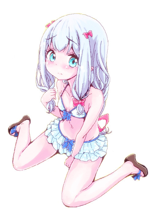 1girl aqua_eyes bare_legs bikini bikini_skirt blue_bikini blue_hair blush bow breasts eromanga_sensei eyebrows_visible_through_hair frilled_bikini frills from_above full_body hair_bow honya_(maho_a) izumi_sagiri long_hair low-tied_long_hair navel oekaki sandals sidelocks simple_background sitting small_breasts solo swimsuit wariza white_background