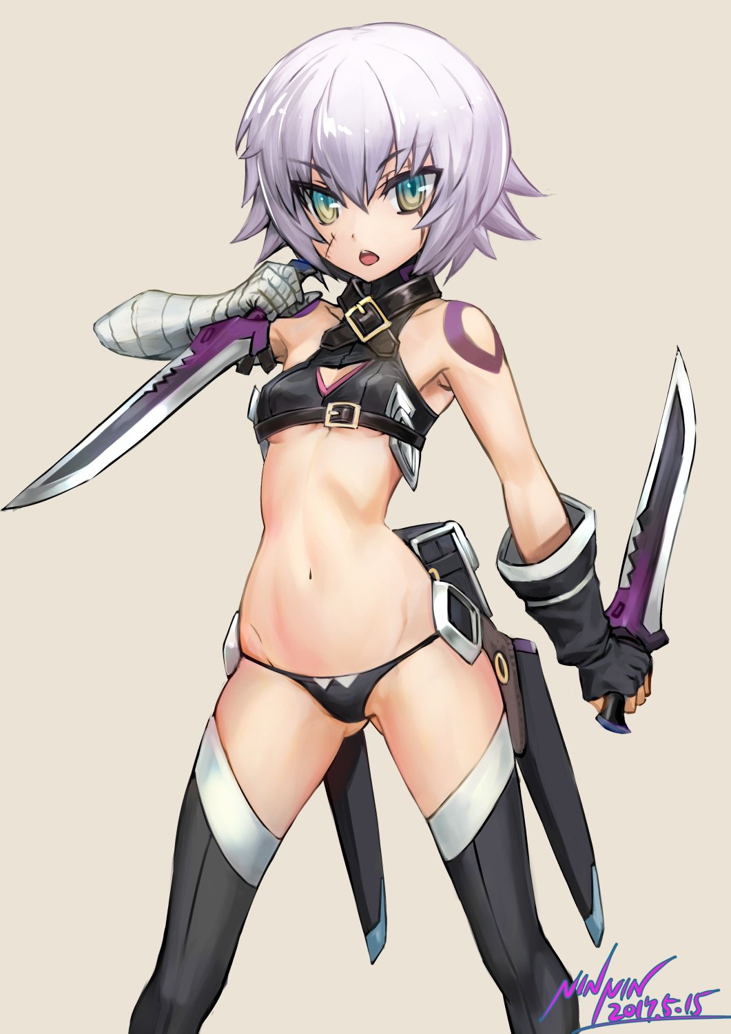 artist_name assassin_of_black bandaged_arm bare_shoulders beige_background black_gloves black_legwear black_panties breasts crop_top dated dual_wielding eyebrows_visible_through_hair fate/apocrypha fate_(series) fingerless_gloves gloves gluteal_fold green_eyes highres knife navel ninnin_(shishitou) open_mouth panties scar sheath short_hair silver_hair simple_background single_glove small_breasts stitches string_panties tattoo thigh-highs under_boob underwear