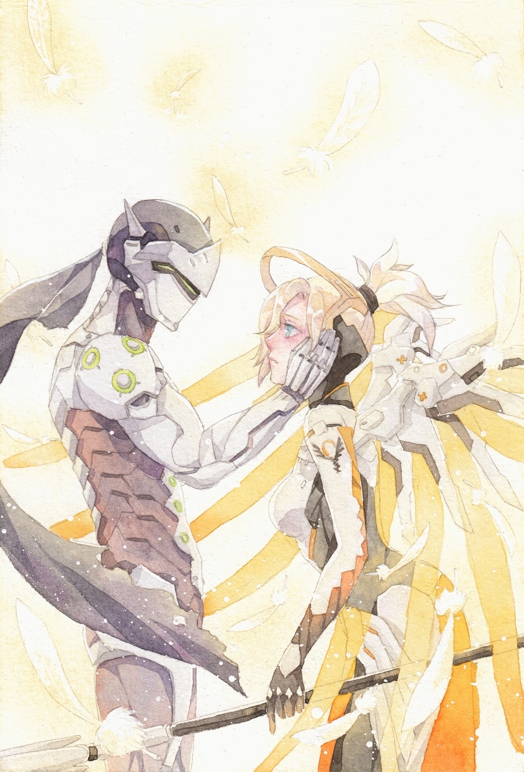 1boy 1girl armor blonde_hair blue_eyes bodysuit breasts brown_legwear commentary_request cowboy_shot cyborg eye_contact faulds feathers full_armor genji_(overwatch) glowing glowing_wings graphite_(medium) hair_tie hand_on_another's_face helmet high_ponytail highres holding holding_staff leaning_forward liaoyuan looking_at_another mechanical_halo mechanical_wings medium_breasts mercy_(overwatch) overwatch pelvic_curtain ponytail power_armor profile short_hair simple_background snowing spread_wings staff staring traditional_media watercolor_(medium) wings yellow_wings
