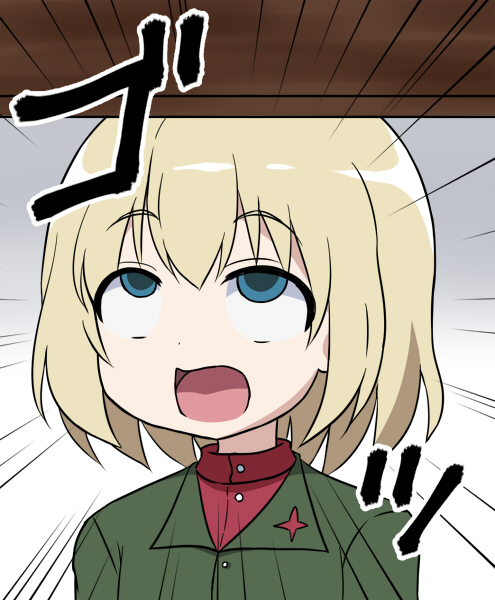 1girl blonde_hair blue_eyes ceiling commentary_request emphasis_lines eyebrows_visible_through_hair girls_und_panzer green_jacket jacket katyusha masara masara_ahegao onomatopoeia open_mouth pravda_school_uniform rolling_eyes short_hair solo upper_body