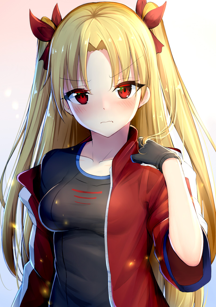 &gt;:( 1girl alternate_costume bangs black_gloves black_shirt blonde_hair blush casual chixiao closed_mouth ereshkigal_(fate/grand_order) eyelashes fate/grand_order fate_(series) frown gloves gradient gradient_background hair_ribbon highres jacket light_particles long_hair looking_at_viewer medium_hair off_shoulder open_clothes open_jacket parted_bangs red_eyes red_jacket red_ribbon ribbon shirt short_sleeves solo straight_hair tohsaka_rin two_side_up upper_body v-shaped_eyebrows very_long_hair wavy_mouth