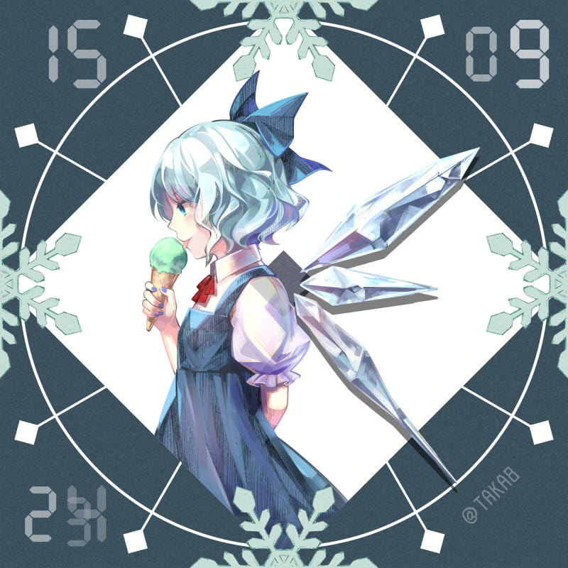 1girl blue_bow blue_dress blue_eyes blue_hair bow cirno dress food from_side hair_bow ice ice_cream ice_cream_cone ice_wings neck_ribbon profile puffy_short_sleeves puffy_sleeves red_ribbon ribbon short_hair short_sleeves solo taka8 touhou upper_body wings