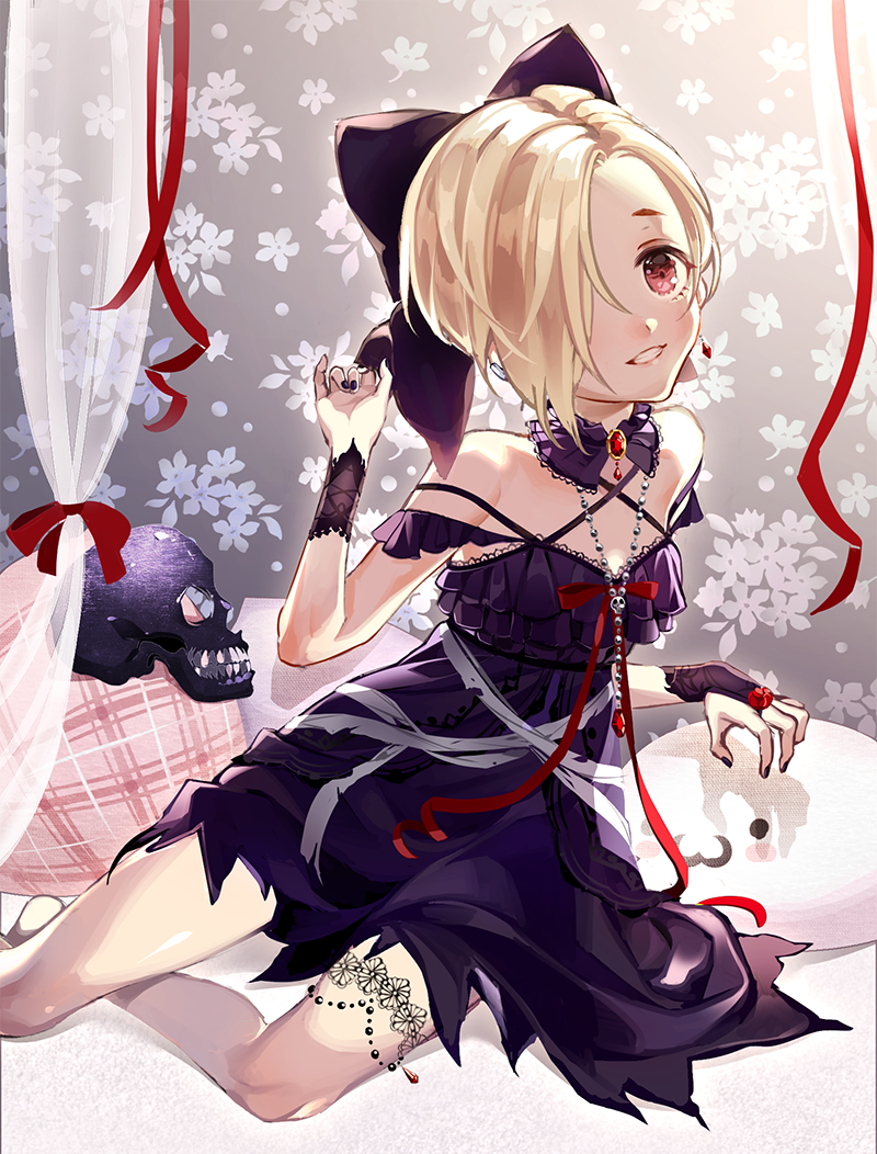 1girl bare_shoulders black_nails blonde_hair bow bridal_gauntlets detached_collar dress earrings flat_chest gem gothic_lolita grin hair_bow hair_over_one_eye idolmaster idolmaster_cinderella_girls jewelry lolita_fashion looking_at_viewer mangsii nail_polish pale_skin pillow purple_dress red_eyes shirasaka_koume short_hair sitting skull smile solo spaghetti_strap strap_slip wrist_cuffs yokozuwari