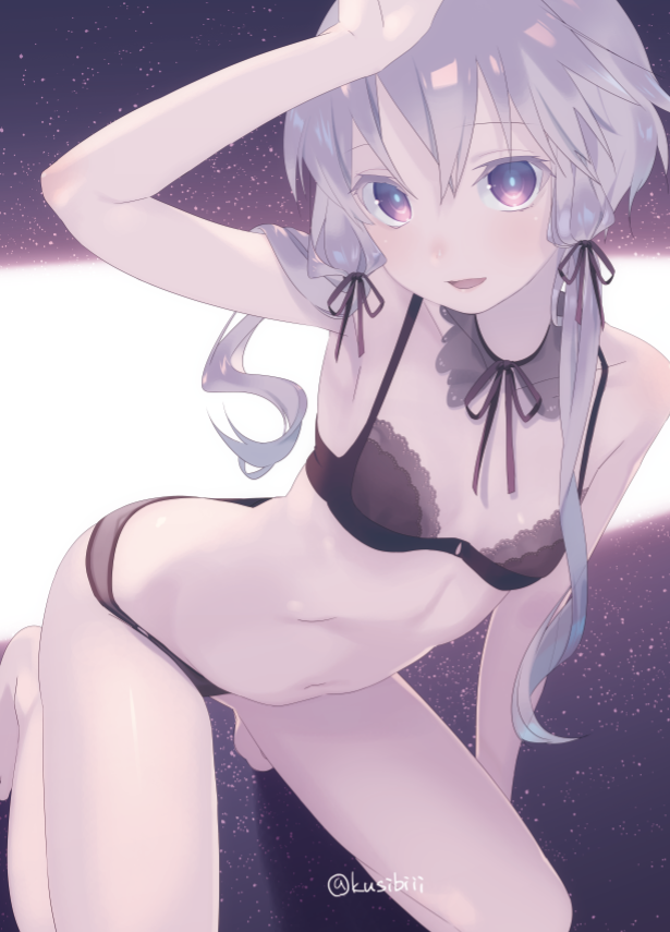 1girl arm_up armpits artist_name bare_legs barefoot black_bra black_panties bra breasts choker folded_leg hair_ribbon haruwakame kneeling lavender_hair looking_at_viewer navel panties ribbon short_hair_with_long_locks sidelocks small_breasts smile solo underwear underwear_only violet_eyes vocaloid voiceroid white_pupils yuzuki_yukari