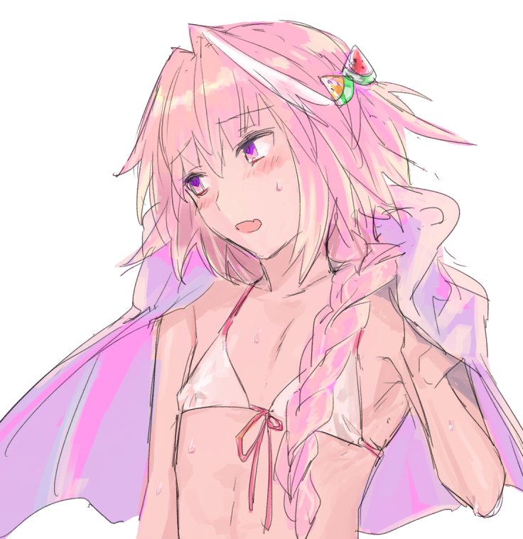 1boy bikini braid cape embarrassed fate/apocrypha fate_(series) hair_ribbon long_hair male_focus open_mouth pink_hair ribbon rider_of_black single_braid solo swimsuit trap violet_eyes white_background