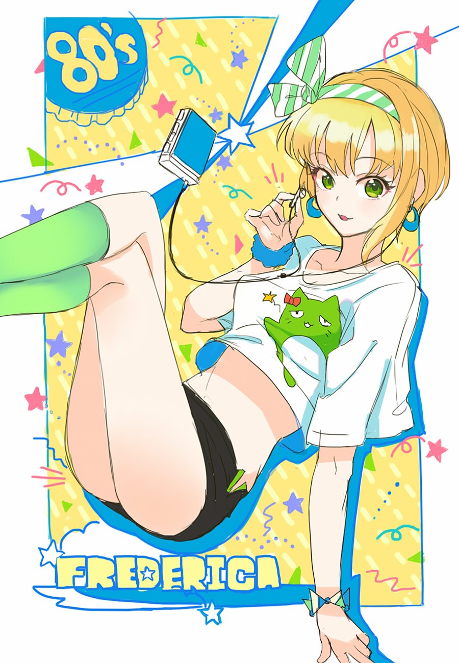 1girl ashita_(2010) asymmetrical_hair black_shorts blonde_hair bow character_name collarbone commentary_request earrings green_hair green_legwear headphones highres idolmaster idolmaster_cinderella_girls jewelry legs_up looking_at_viewer looking_to_the_side midriff miyamoto_frederica pina_korata shirt short_hair short_shorts shorts smile solo star striped_hairband thighs walkman white_border white_shirt yellow_background