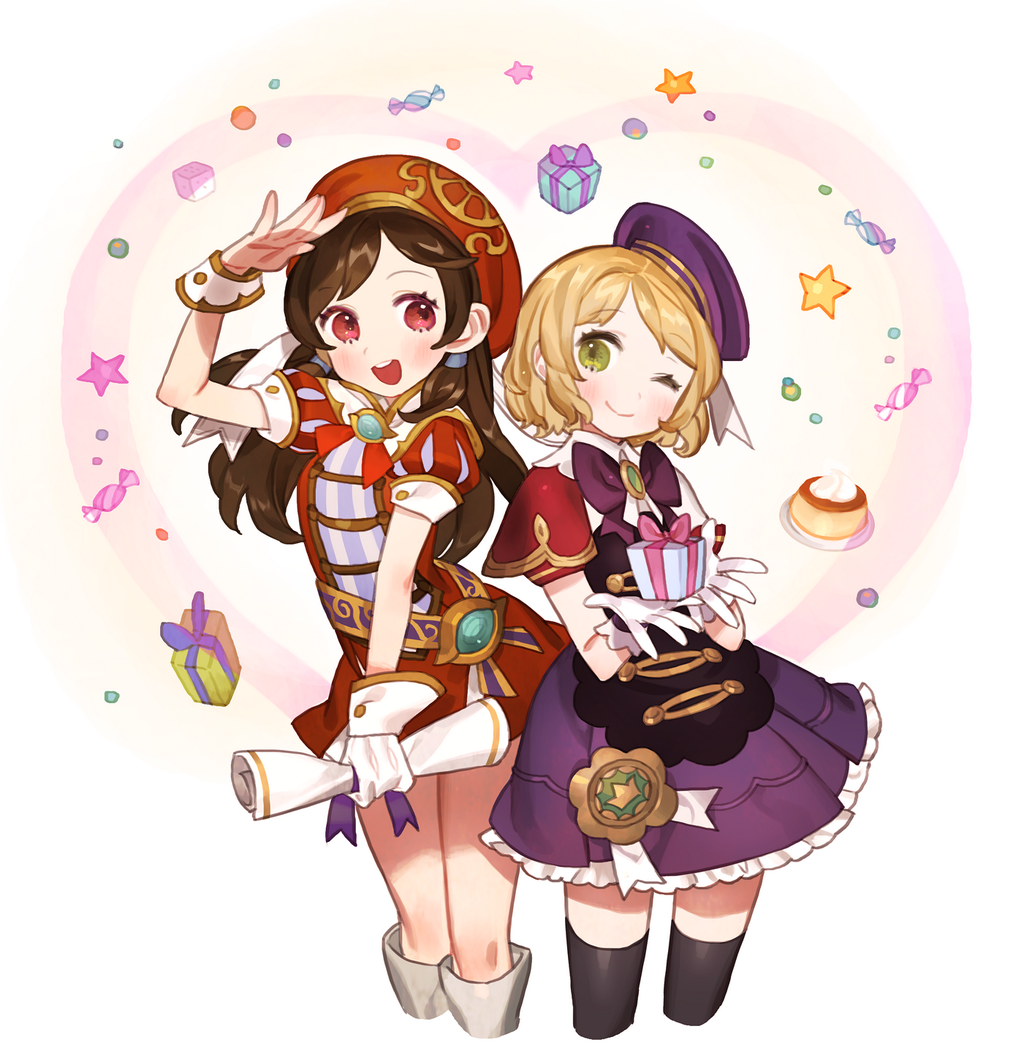2girls :&gt; :d academic_(dragon_nest) badge bangs beret black_legwear blonde_hair blush boots bow bowtie brown_hair candy circle closed_mouth cowboy_shot cropped_legs curly_hair dice dragon_nest dress eyebrows_visible_through_hair food frilled_dress frills gift gloves green_eyes gwayo hair_tubes hat head_tilt heart heart_background holding long_hair multiple_girls open_mouth parted_bangs pudding puffy_short_sleeves puffy_sleeves purple_bow purple_bowtie purple_dress purple_hat red_dress red_eyes red_hat round_teeth salute sash scroll short_dress short_hair short_sleeves single_glove smile standing star teeth thigh-highs thigh_boots white_background white_boots white_gloves wrist_cuffs zettai_ryouiki