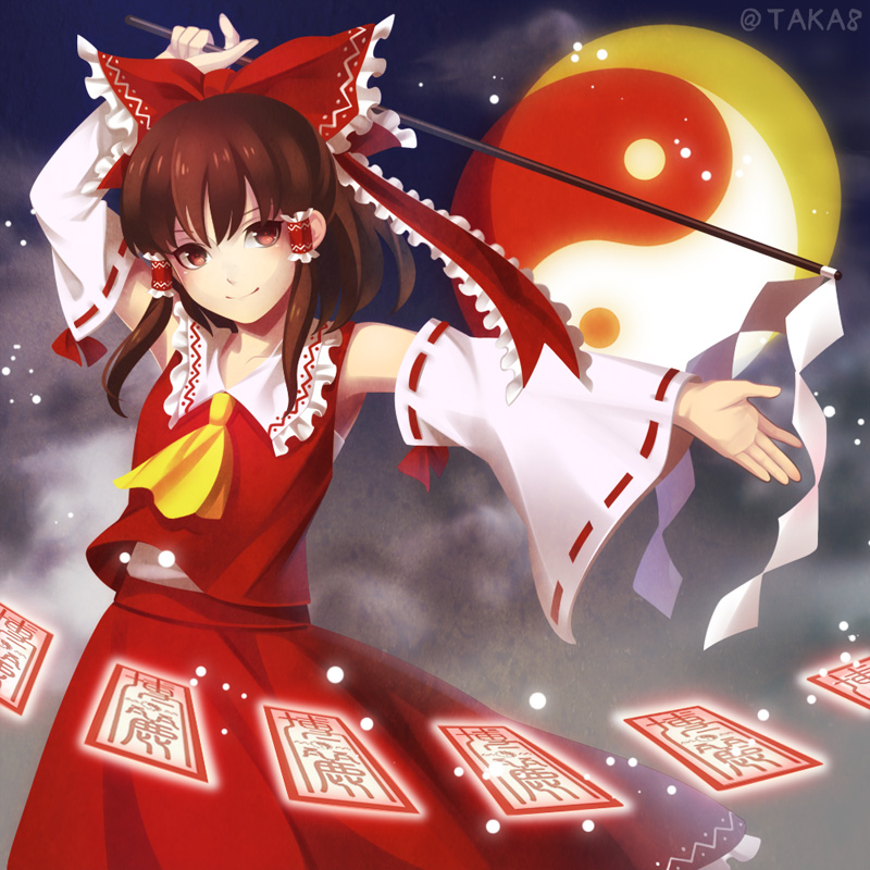 &gt;:) 1girl armpits ascot bangs blush bow brown_eyes brown_hair closed_mouth cowboy_shot detached_sleeves frilled_shirt_collar frills full_moon gohei hair_bow hair_tubes hakurei_reimu long_hair long_sleeves looking_at_viewer moon night nontraditional_miko ofuda red_bow red_shirt red_skirt ribbon-trimmed_sleeves ribbon_trim shirt sidelocks skirt skirt_set sleeveless sleeveless_shirt smile solo taka8 touhou twitter_username wide_sleeves yin_yang_orb