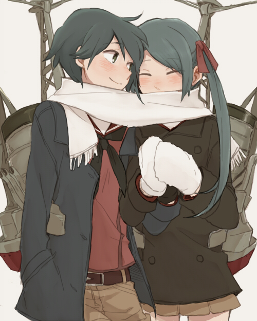 2girls ^_^ black_eyes black_hair blush closed_eyes coat commentary_request cowboy_shot hair_ribbon hands_in_pockets jacket kantai_collection long_hair machinery mikuma_(kantai_collection) mittens mogami_(kantai_collection) multiple_girls ree_(re-19) ribbon scarf school_uniform shared_scarf short_hair shorts skirt smile twintails white_scarf winter_clothes winter_coat yuri
