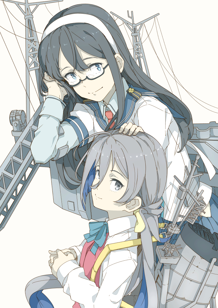 2girls black-framed_eyewear black_hair blue_bow blue_bowtie blue_eyes blue_hair blue_shirt bow bowtie dress glasses grey_eyes grey_hair hairband kantai_collection kiyoshimo_(kantai_collection) long_hair long_sleeves low_twintails machinery multicolored_hair multiple_girls necktie ninimo_nimo ooyodo_(kantai_collection) purple_dress red_necktie sailor_collar school_uniform serafuku shirt simple_background sleeveless sleeveless_dress smile smokestack twintails very_long_hair white_background white_hairband