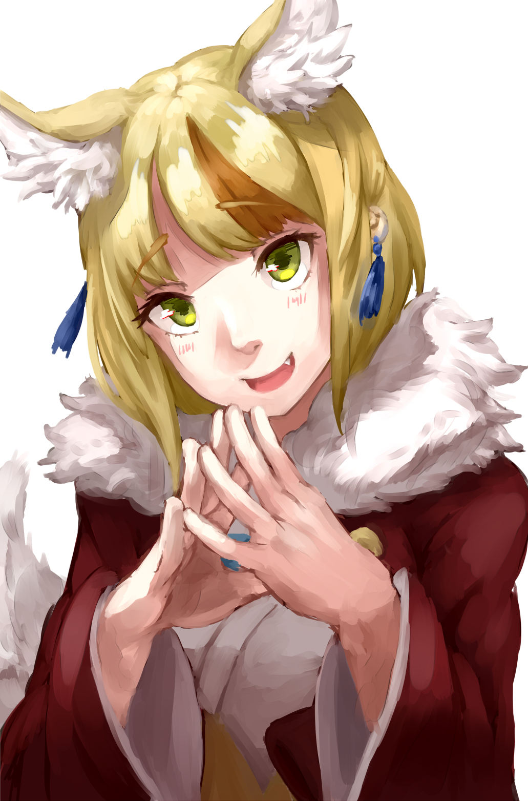 1girl animal_ears blonde_hair blush brown_hair fang fire_emblem fire_emblem_if fox_ears fox_tail fur_trim green_eyes highres kinu_(fire_emblem_if) multicolored_hair open_mouth portrait simple_background solo tail two-tone_hair white_background yasaidon