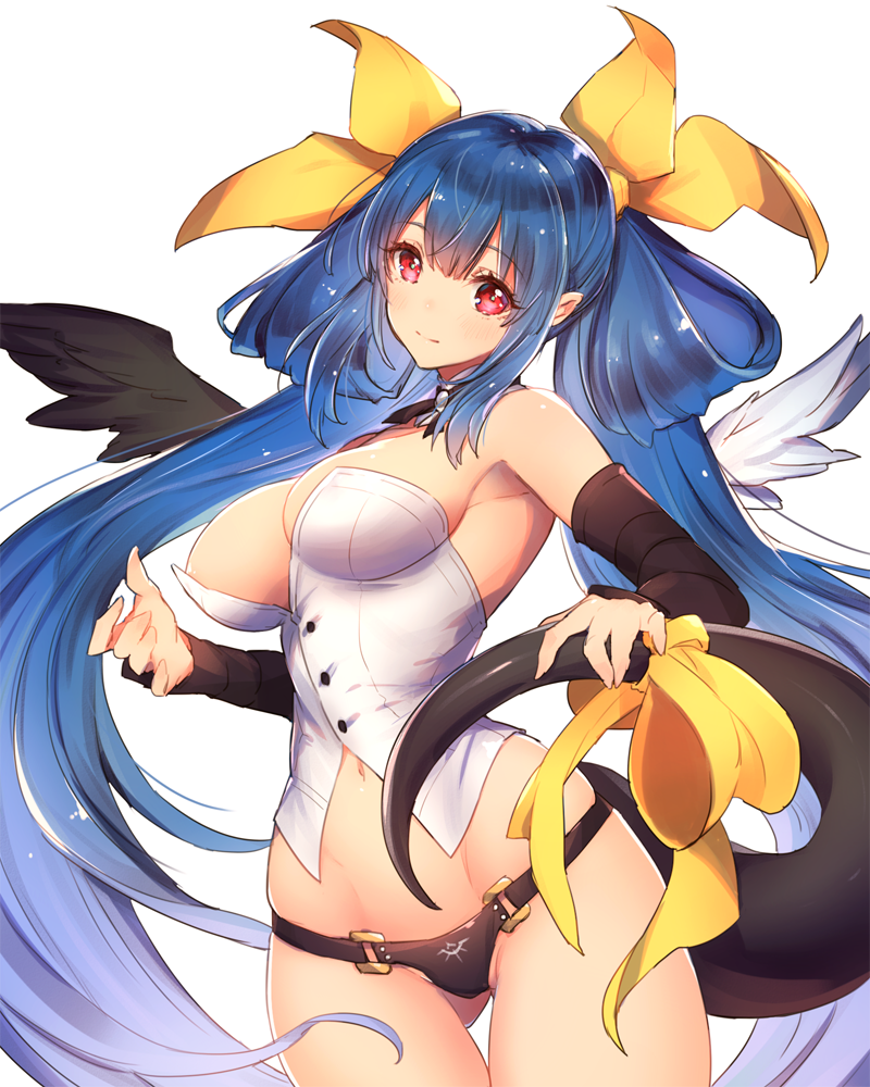 1girl asymmetrical_wings black_panties blue_hair blush breasts buttons corset detached_collar dizzy guilty_gear hair_ribbon holding_tail large_breasts long_hair navel oro_(sumakaita) panties red_eyes ribbon simple_background smile solo tail tail_ribbon twintails underwear white_background wings