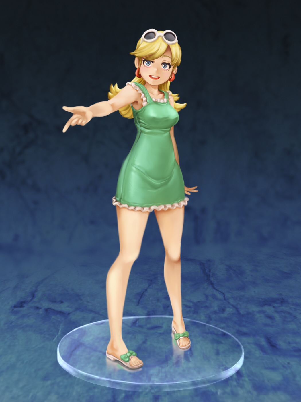 1girl blonde_hair blue_eyes breasts character_doll dress earrings faux_figurine figure full_body green_dress highres jcm2 jewelry leni_loud medium_breasts open_mouth outstretched_arm realistic round_teeth sandals smile solo sunglasses sunglasses_on_head teeth the_loud_house
