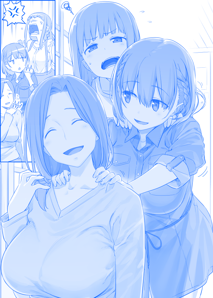 &gt;:o 3girls :d :o ^_^ ai-chan's_mother_(tawawa) ai-chan's_sister_(tawawa) ai-chan_(tawawa) anger_vein bangs blue braid breasts closed_eyes dress eyebrows_visible_through_hair flying_sweatdrops getsuyoubi_no_tawawa himura_kiseki huge_breasts large_breasts leaning_forward long_hair massage monochrome mother's_day mother_and_daughter multiple_girls open_mouth parted_bangs short_hair shouting siblings sidelocks sisters smile suspenders sweatdrop tantrum twin_braids