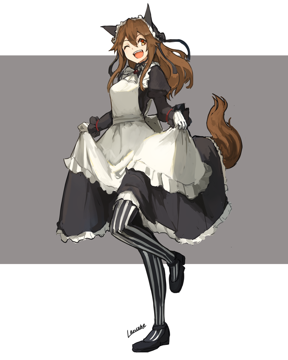 1girl ;d animal_ears artist_name ascot brown_eyes brown_hair full_body gloves hair_between_eyes juliet_sleeves lansane long_hair long_sleeves looking_at_viewer maid maid_headdress one_eye_closed open_mouth original pantyhose puffy_sleeves sharp_teeth shoes sidelocks skirt_hold smile solo striped striped_legwear tail teeth tsana_(lansane) vertical-striped_legwear vertical_stripes white_gloves wolf_ears wolf_tail