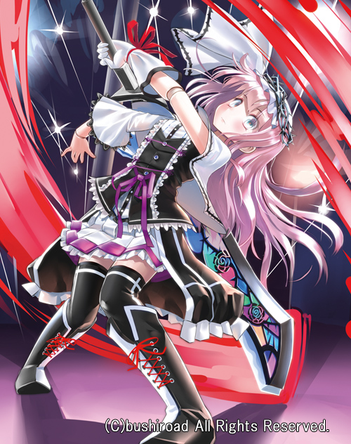 1girl boots cardfight!!_vanguard company_name doll_joints grey_eyes long_hair official_art patricia_(stylish_marunage) pink_hair silver_thorn_marionette_lillian solo sparkle sword thigh-highs thorns weapon