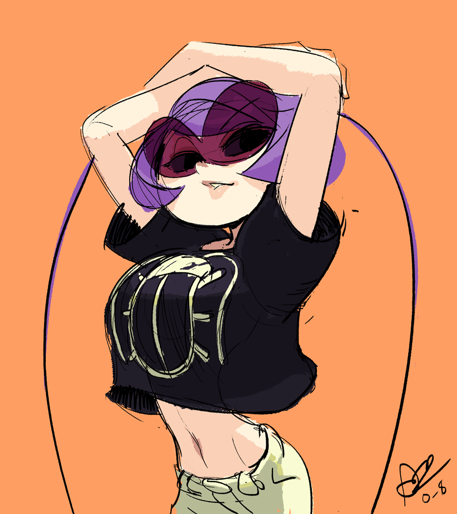 1girl alex_ahad antennae arms_up black_torch breasts casual crop_top crop_top_overhang fallout_(black_torch) large_breasts lips looking_to_the_side midriff puckered_lips purple_hair short_hair slender_waist solo sunglasses