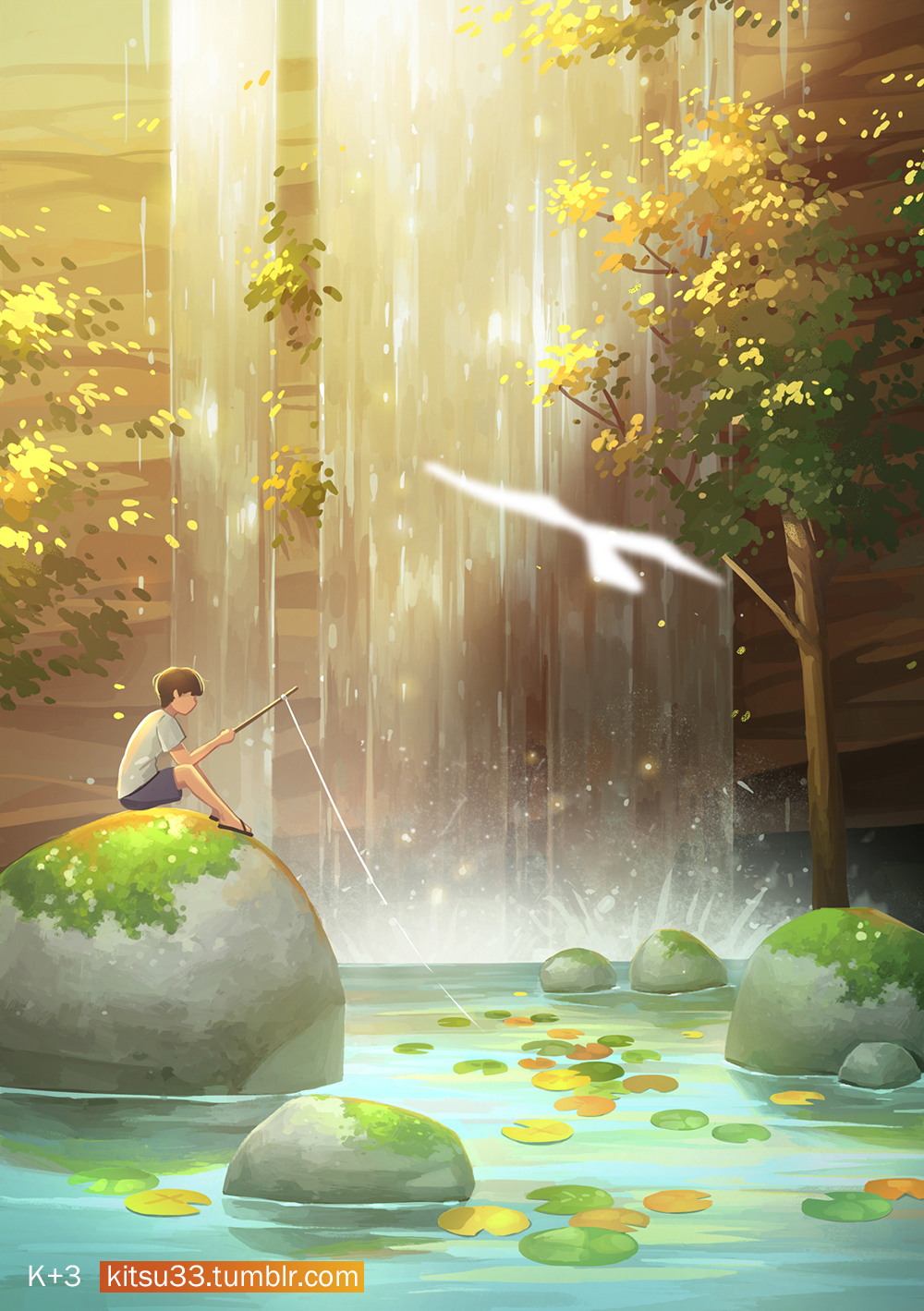 1boy artist_name black_shorts brown_hair commentary_request faceless fishing fishing_rod from_side highres kitsu+3 lily_pad male_focus moss on_rock original outdoors pond profile rock sandals shirt short_sleeves shorts sitting solo splashing tree tumblr_username water waterfall watermark web_address white_shirt