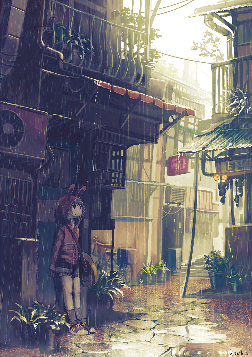 1girl bicycle grey_legwear ground_vehicle highres hood hoodie kouka_(mrakano5456) long_sleeves looking_away original plant potted_plant purple_hair rain short_hair signature solo water_drop