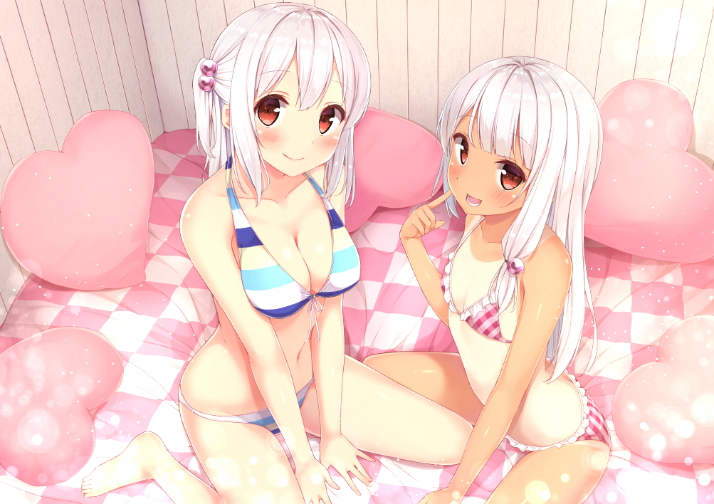 2girls bare_legs barefoot bikini blush breasts cleavage eyebrows_visible_through_hair finger_to_mouth flat_chest frilled_bikini frills from_above front-tie_bikini front-tie_top hair_bobbles hair_ornament heart heart_pillow indoors karutamo large_breasts light_particles long_hair looking_at_viewer medium_breasts multiple_girls navel on_bed one-piece_tan one_side_up original pillow pink_bikini plaid plaid_bikini red_eyes sitting smile striped striped_bikini swimsuit tan tanline tisshu_(karutamo) wariza white_hair