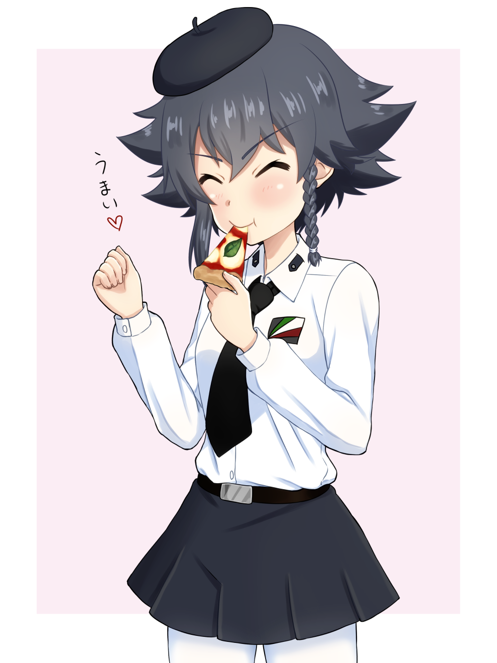 &gt;:t 1girl :t ^_^ bangs belt beret black_hat black_necktie black_skirt blouse border braid buttons clenched_hand closed_eyes collared_shirt commentary_request cowboy_shot eating eyebrows_visible_through_hair flipped_hair food girls_und_panzer hair_tie hat heart highres holding holding_food leaf long_sleeves necktie pantyhose pepperoni_(girls_und_panzer) pink_background ruka_(piyopiyopu) shiny shiny_hair shirt short_hair simple_background single_braid skirt slice_of_pizza solo standing translated white_blouse white_border white_legwear white_shirt wing_collar