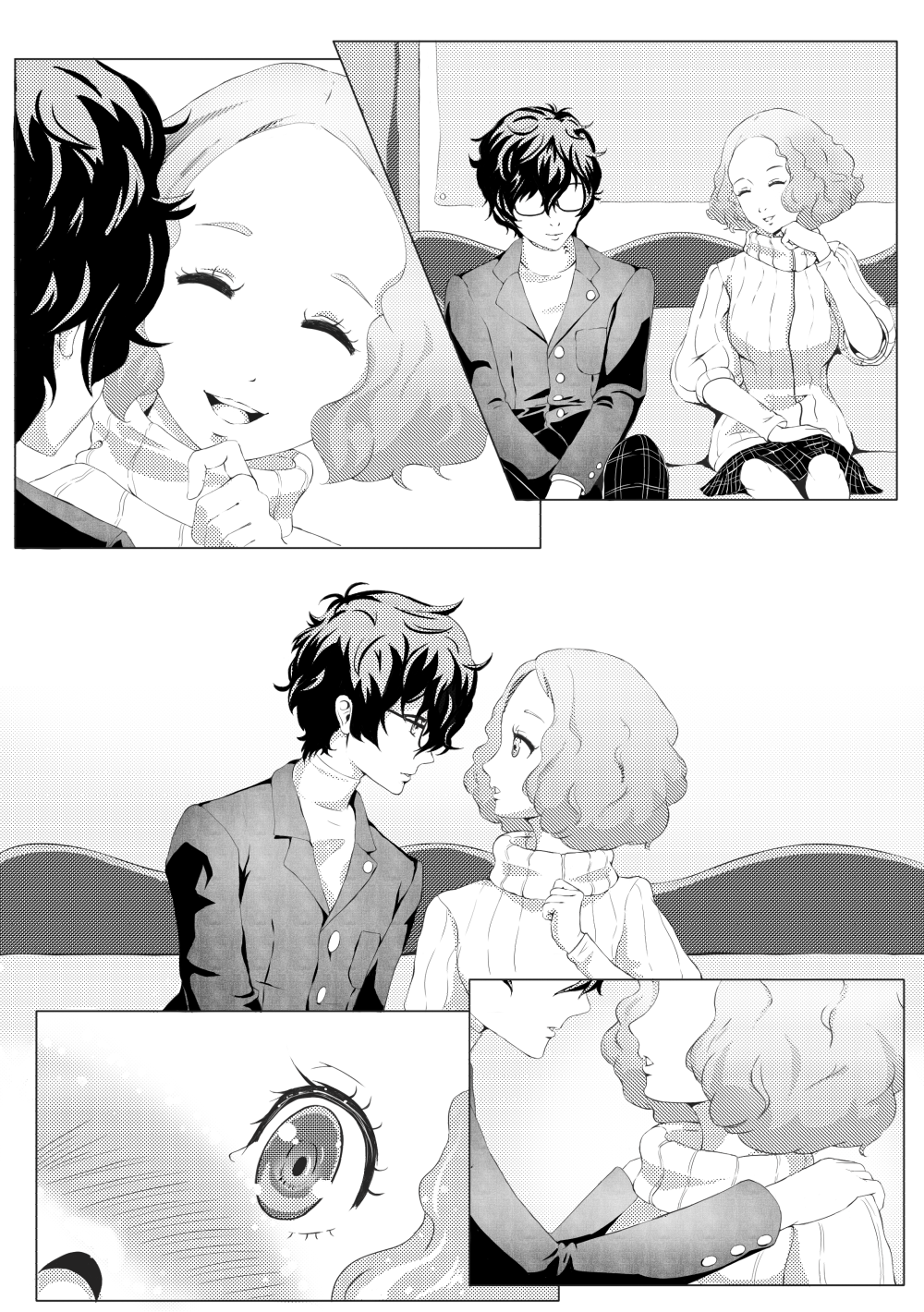 1boy 1girl ^_^ bloo-ocean blush close-up closed_eyes comic eye_contact eyes glasses greyscale hands_on_another's_shoulders highres jacket kurusu_akira looking_at_another monochrome okumura_haru open_mouth pants persona persona_5 school_uniform short_hair silent_comic sitting skirt smile sweater