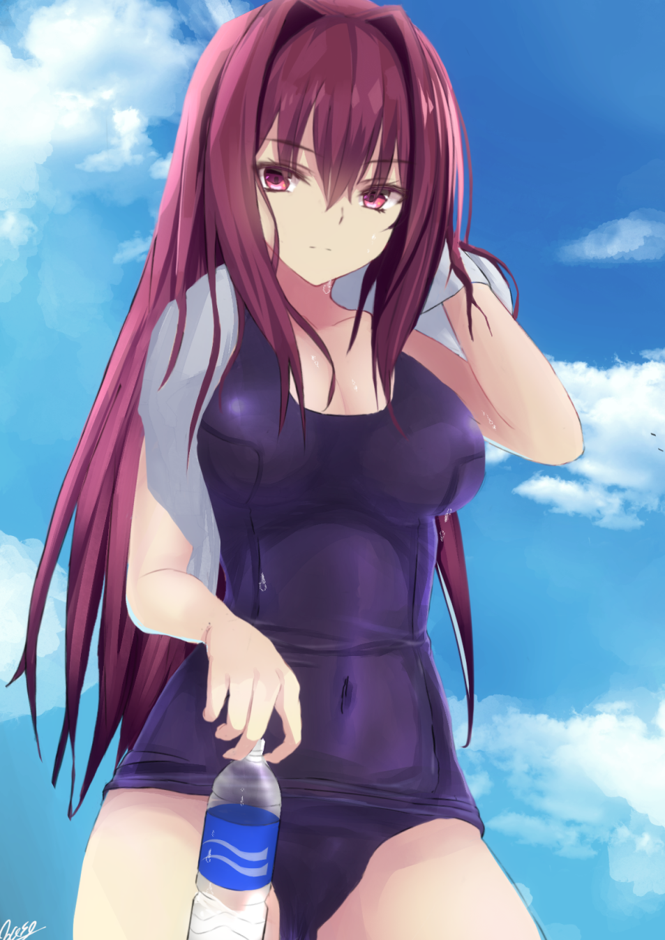 1girl bangs bare_arms bare_shoulders blue_sky blush bottle breasts cleavage closed_mouth covered_navel cowboy_shot day fate/grand_order fate_(series) highres kesoshirou large_breasts long_hair looking_at_viewer one-piece_swimsuit purple_hair scathach_(fate/grand_order) sky smile solo swimsuit towel towel_around_neck very_long_hair violet_eyes