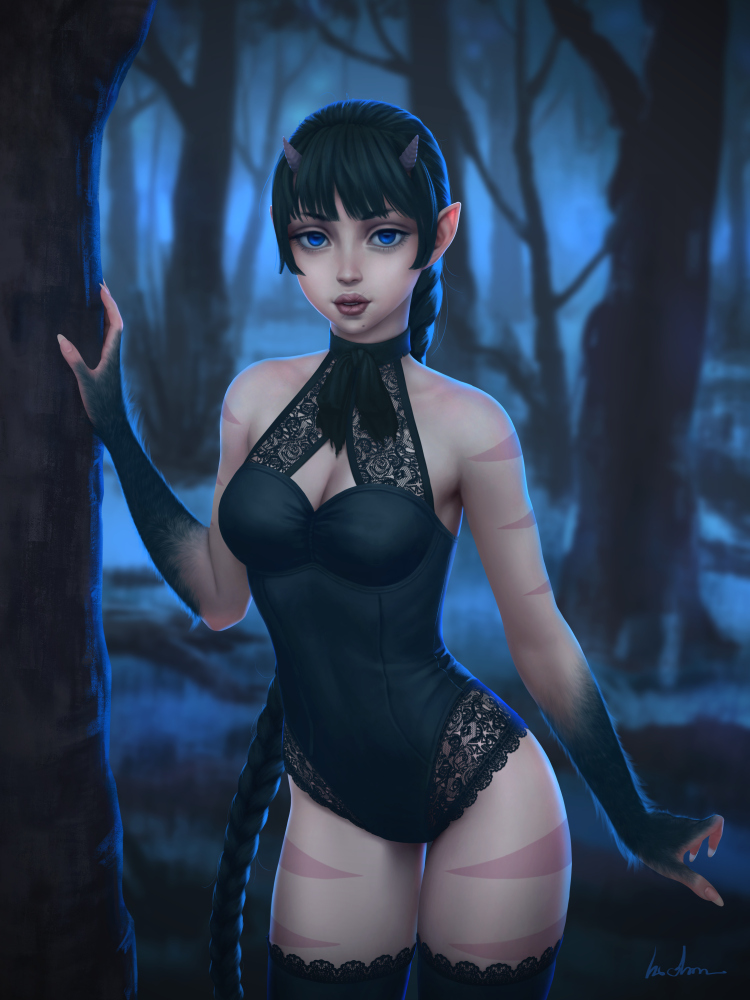 1girl black_hair blue_eyes blurry borrowed_character braid breasts choker cleavage cleavage_cutout contrapposto depth_of_field forest fur gohpot halterneck horns leotard long_hair medium_breasts mole mole_under_mouth monster_girl nature original parted_lips pointy_ears realistic signature single_braid solo thigh-highs tree very_long_hair