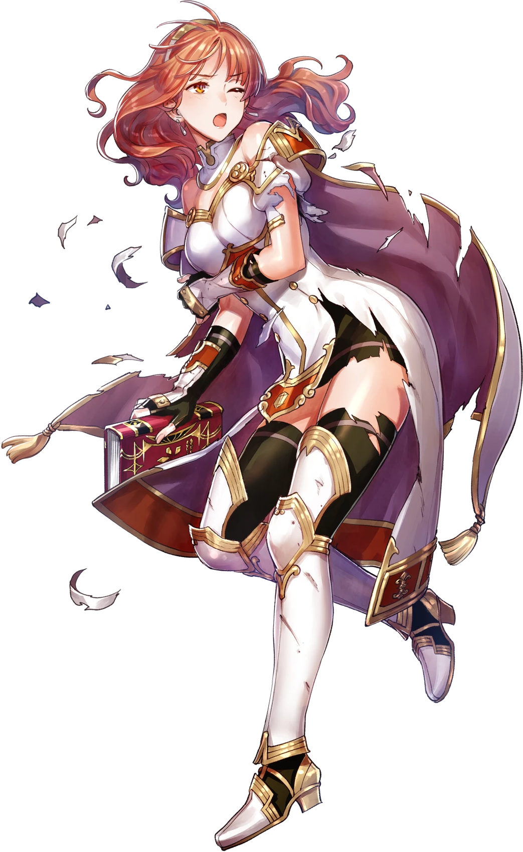 1girl arm_guards bangs black_legwear book breastplate cape celica_(fire_emblem) detached_collar dress earrings eyebrows_visible_through_hair fingerless_gloves fire_emblem fire_emblem_echoes:_mou_hitori_no_eiyuuou fire_emblem_heroes full_body furikawa_arika gloves hair_ornament highres holding jewelry long_hair looking_away one_eye_closed open_mouth puffy_sleeves red_eyes redhead short_dress short_sleeves solo thigh-highs tiara torn_clothes transparent_background zettai_ryouiki