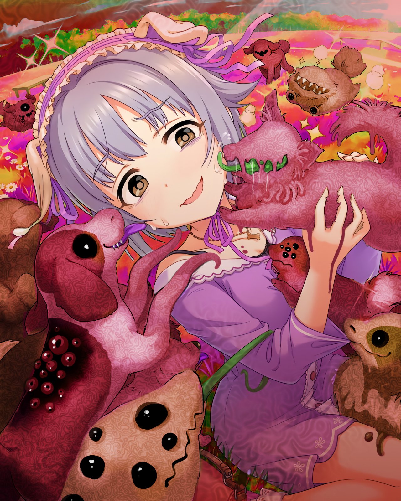 1girl brown_eyes dog hair_ornament highres idolmaster idolmaster_cinderella_girls koshimizu_sachiko licking monster open_mouth photoshop purple_hair ray-k short_hair