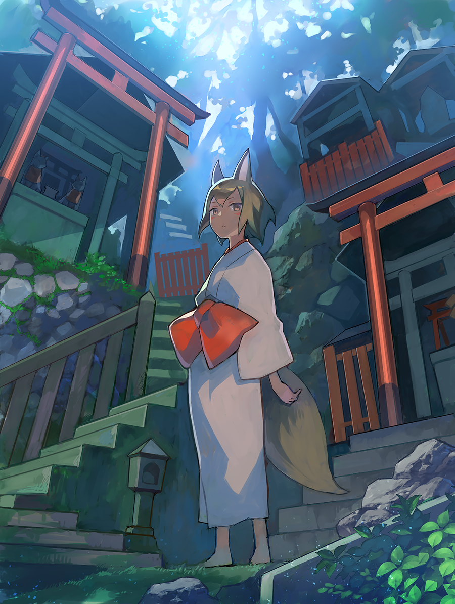 1girl :&lt; animal_ears arms_at_sides barefoot blonde_hair bow closed_mouth day facial_mark forest fox_ears fox_tail from_below japanese_clothes jitome kimono large_bow light_particles looking_at_viewer moss nature obi original outdoors plant popompon railing red_bow rock sash short_eyebrows short_hair shrine solo stairs standing statue tail torii tree white_kimono yellow_eyes yukata