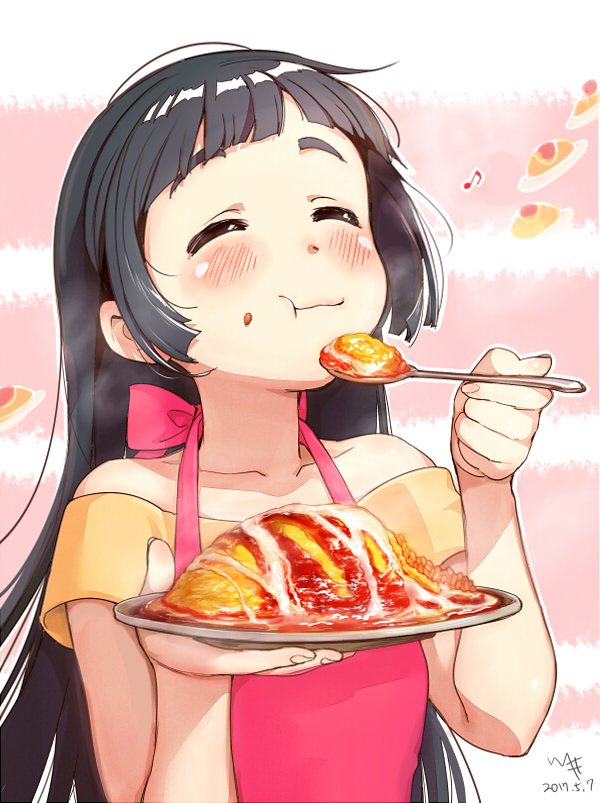 1girl :t apron arms_up black_hair blush character_request chewing clenched_hand closed_eyes closed_mouth commentary_request dated eating food food_on_face holding holding_plate holding_spoon kawai_makoto long_hair musical_note off-shoulder_shirt omelet pink_apron plate quaver shiny shiny_hair shirt solo spoon upper_body