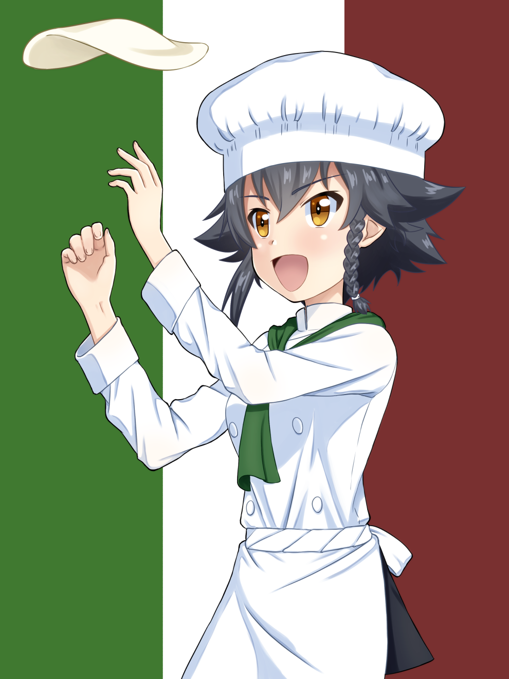 &gt;:d 1girl :d apron bangs black_skirt blush braid brown_eyes chef_hat commentary_request cowboy_shot double-breasted dough eyebrows_visible_through_hair flag_background flipped_hair food girls_und_panzer hair_tie hat highres italian_flag long_sleeves open_mouth pepperoni_(girls_und_panzer) ruka_(piyopiyopu) shirt short_hair single_braid skirt smile solo standing striped tossing vertical-striped_background vertical_stripes waist_apron white_apron white_hat white_shirt