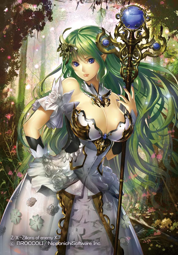 1girl bare_shoulders blue_eyes breasts cleavage company_name copyright_name flower green_hair hair_ornament large_breasts leaf long_hair momose_hisashi nail_polish official_art pointy_ears solo sparkle staff tree upper_body z/x